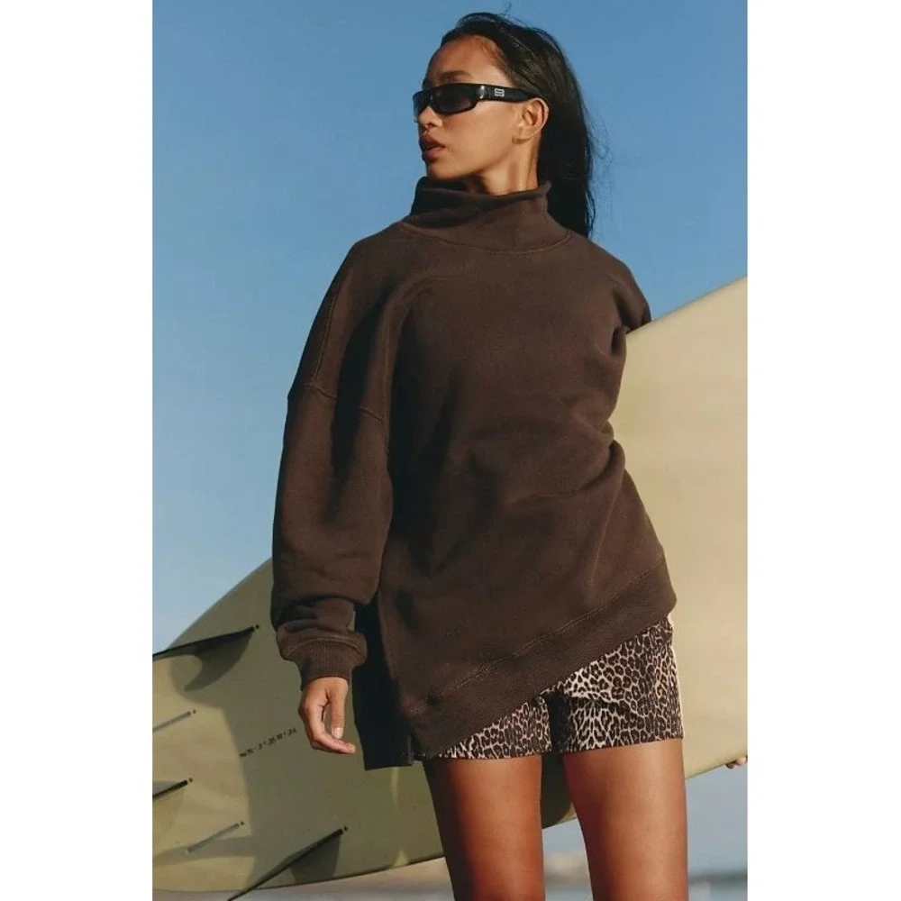 Free People Women's Mock Neck Oversized Split Hem Acid Wash Sweatshirt Black SM